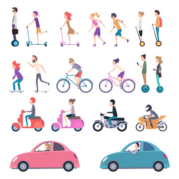 Urban transport. People riding city vehicle bicycle driving electrical scooter skate segway vector cartoon illustration. Bicycle and vehicle, ride urban drive, city transportation