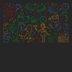 Fototapeta na wymiar cleaning services company vector monochrome pattern on black background, drawing colorful chalk.