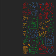 cleaning services company vector monochrome pattern on black background, drawing colorful chalk.