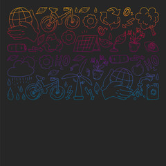 Vector logo, design and badge in trendy drawing style - zero waste concept, recycle and reuse, reduce - ecological lifestyle and sustainable developments icons, colorful gradient on black background.