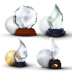 Golf Game Award Set Vector. Golf Ball, Glass Trophy. Modern Golf Tournament. Design For Sport Promotion. Certificate, Diploma. Sport Event Announcement. Banner Advertising. Illustration