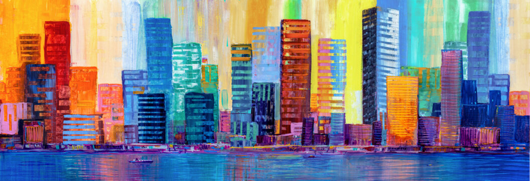 Artistic painting of skyscrapers.Abstract style. Cityscape panorama. © serge-b