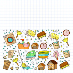 Cleaning services company vector pattern, drawing in squared notebook.