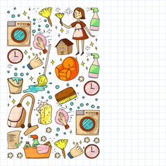 Cleaning services company vector pattern, drawing in squared notebook.