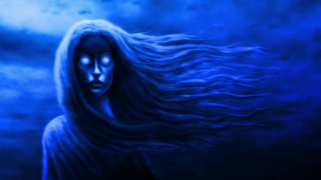Goddess of chaos with flowing hair in front. Fantasy 2d animation. Mystic girl in other dark world. Gloomy ghost in haze looks scary. Gothic cruel woman with mad eyes. Vj loop movie. Running clouds.