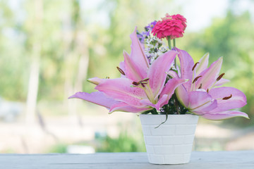 A bouquet of pink lilies in a beautiful white pot
