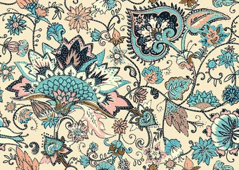 Gordijnen Paisley. Naadloos textiel bloemenpatroon met oosters paisley ornament. © alfaolga