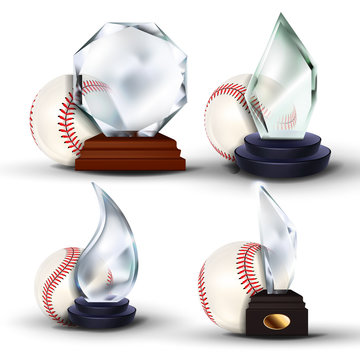 Baseball Game Award Set Vector. Ball, Glass Trophy. Tournament. Design For Sport Promotion. Certificate, Diploma. Event Announcement. Advertising Illustration