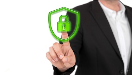  Businessman touching on shield protect icon - Protection network security computer and safe your data concept - business, technology and internet concept 