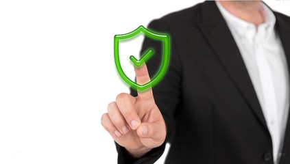  Businessman touching on shield protect icon - Protection network security computer and safe your data concept - business, technology and internet concept 