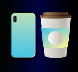 Vector collection - mock up smartphone case and cardboard coffee cup. Stylish light blue gradient print design mok up branding.
