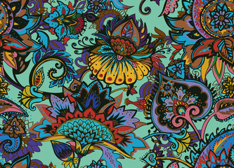 Paisley. Seamless Textile floral pattern with oriental paisley ornament.