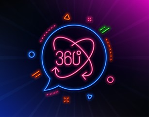 360 degree line icon. Neon laser lights. Full rotation sign. VR technology simulation symbol. Glow laser speech bubble. Neon lights chat bubble. Banner badge with full rotation icon. Vector