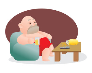 Vector illustration of bald fat man stuck on sofa or watching TV with potato chip and beer.Concept of lost job or unhappy man.middle age crisis. Sadness, job lost, breaking relation ship concept.