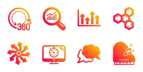 360 degrees, Data analysis and Chat message line icons set. Seo timer, Versatile and Upper arrows signs. Chemical formula, Piano symbols. Panoramic view, Magnifying glass. Business set. Vector