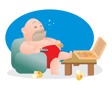Vector illustration of bald fat man stuck on sofa or watching TV with pizza and junk food. Concept of lost job or unhappy man.middle age crisis. Sadness, job lost, breaking relation ship concept.