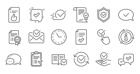 Approve line icons. Checklist, Certificate and Award medal. Certified document linear icon set. Quality line set. Vector