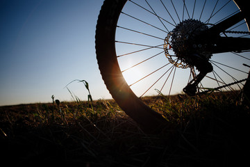 Silhouette of the bikecycle against the blue sky at sunset