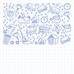 cleaning services company vector monochrome pattern on background, drawing blue pen .