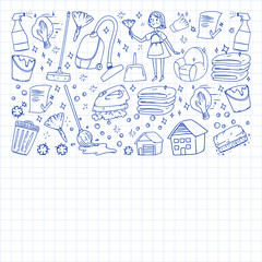 cleaning services company vector monochrome pattern on background, drawing blue pen .