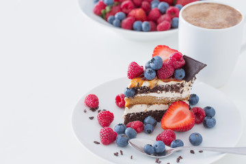 healthy dessert with different berries on white background
