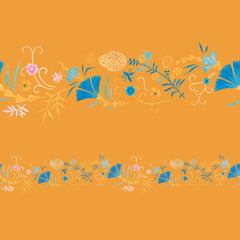 Orange color modern illustration plate decoration. Tea rose and clematis natural petals. Varicolored feminine fabric design. Renaissance flower art. Floral seamless pattern for Mediterranean decor