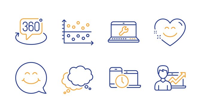 Dot plot, Speech bubble and Smile face line icons set. Smile chat, Time management and 360 degree signs. Laptop repair, Success business symbols. Presentation graph, Chat message. Vector