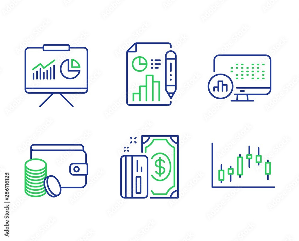 Wall mural presentation, payment and report statistics line icons set. payment method, report document and cand