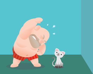 Funny vector illustration of fat bald man doing excercising. Concept of Strong healthy fat man. cartoon