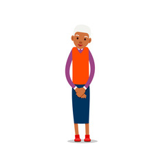 Happy african old woman. Cute grandmother standing and smiling. Traditional retirement lifestyle. Older black lady retired. Cartoon illustration isolated on white background in flat style