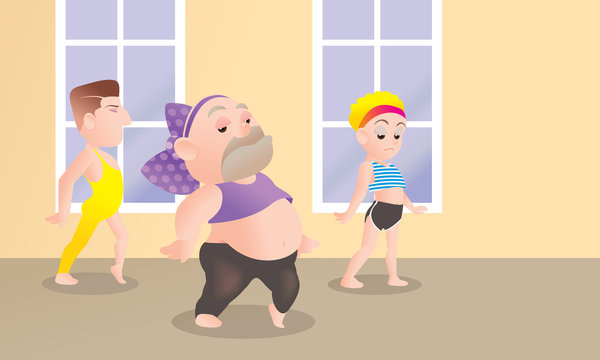 Middle age of bald fat gay man and his friend in dancing suit with headband. Concept of Healthy LGBT or Gay life style and social wealthness.