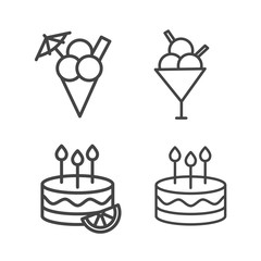 Simple birthday cake and ice cream minimal icon in trendy outline isolated on white background