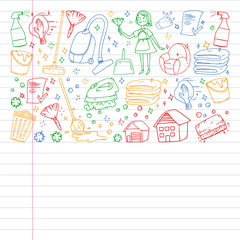 Fototapeta premium Cleaning services company vector pattern, drawing in exercise book.