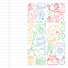 Cleaning services company vector pattern, drawing in exercise book.