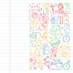Cleaning services company vector pattern, drawing in exercise book.