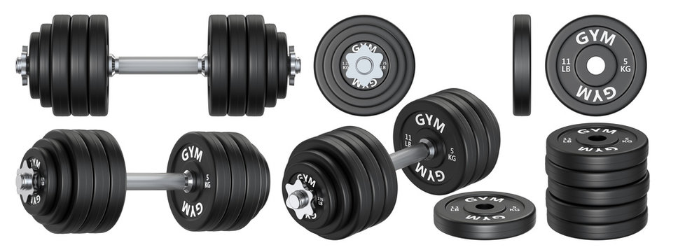 Big set of rubber metal Dumbbells and plate weight. 3d rendering illustration isolated on white background. Gym, fitness and sports equipment symbols collection.