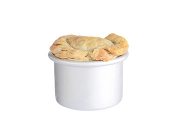 meat pie in a silver metal pot