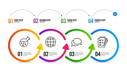 Survey checklist sign. Infographics timeline. Chemistry lab, Chat message and Globe line icons set. Laboratory, Speech bubble, Internet world. Report. Education set. Chemistry lab icon. Vector