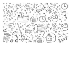 cleaning services company vector monochrome pattern on white background, drawing.