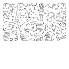 cleaning services company vector monochrome pattern on white background, drawing.