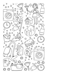 cleaning services company vector monochrome pattern on white background, drawing.
