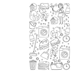 cleaning services company vector monochrome pattern on white background, drawing.