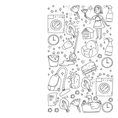 cleaning services company vector monochrome pattern on white background, drawing.