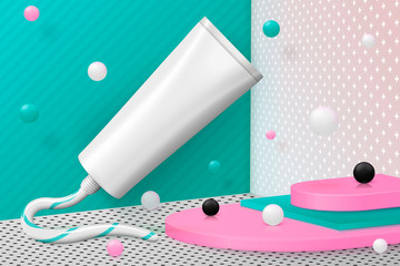 Vector 3d realistic corner wall abstract scene with paste tube, podium, pink, white, black and green balls and objects.