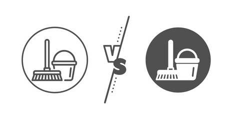 Washing Housekeeping equipment sign. Versus concept. Cleaning bucket with mop line icon. Line vs classic bucket with mop icon. Vector