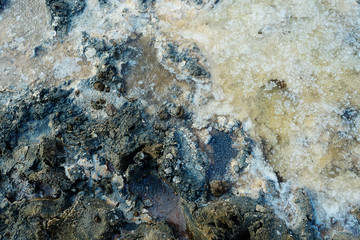 close up of high resolution texture of crystallized salt in a lake. space landscapes. Beatiful colors of nature. Travel photo background. Dried sea salt in the ground