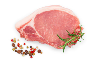sliced raw pork meat with rosemary isolated on white background. Top view. Flat lay