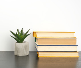stack books on a black table and a ceramic pot with a green plant