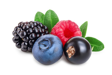 mix of blackberry blueberry raspberry black currant with leaf isolated on white background.