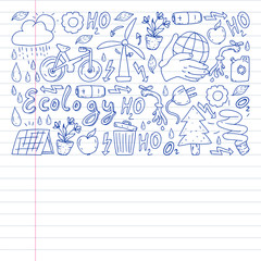 Vector logo, design and badge in trendy drawing style - zero waste concept, recycle and reuse, reduce - ecological lifestyle and sustainable developments icons on monochrome style.